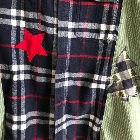 Upcycled Patchwork Button-Down Shirt, Size M-L: Boho Mixed Print Top with Fringe - Picture 4 of 12